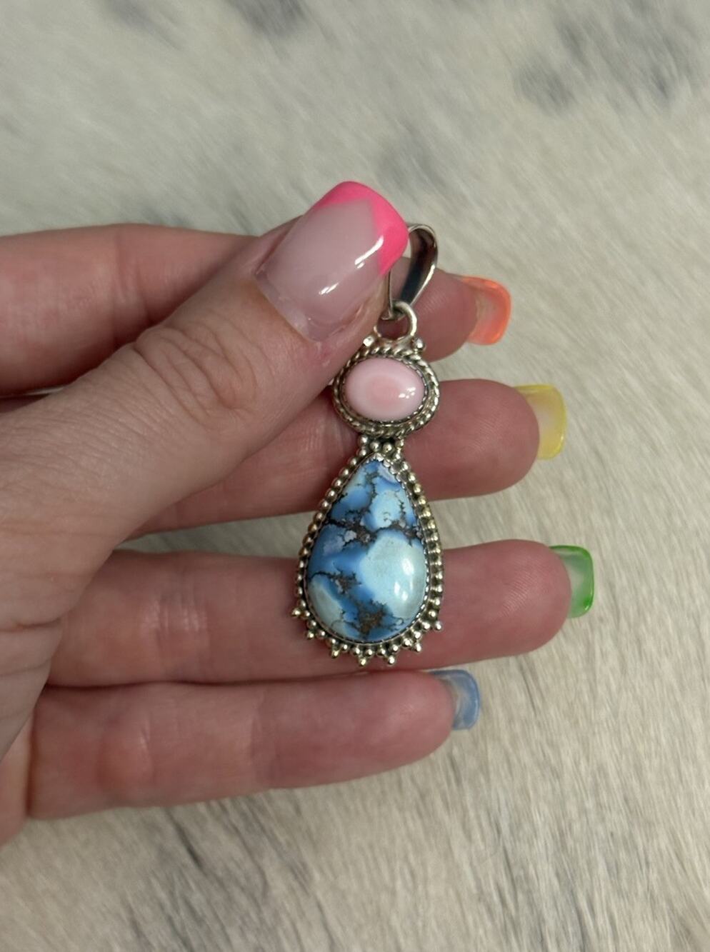Sterling Silver Golden Hills Turquoise Pink Conch Teardrop Double Stone Pendant